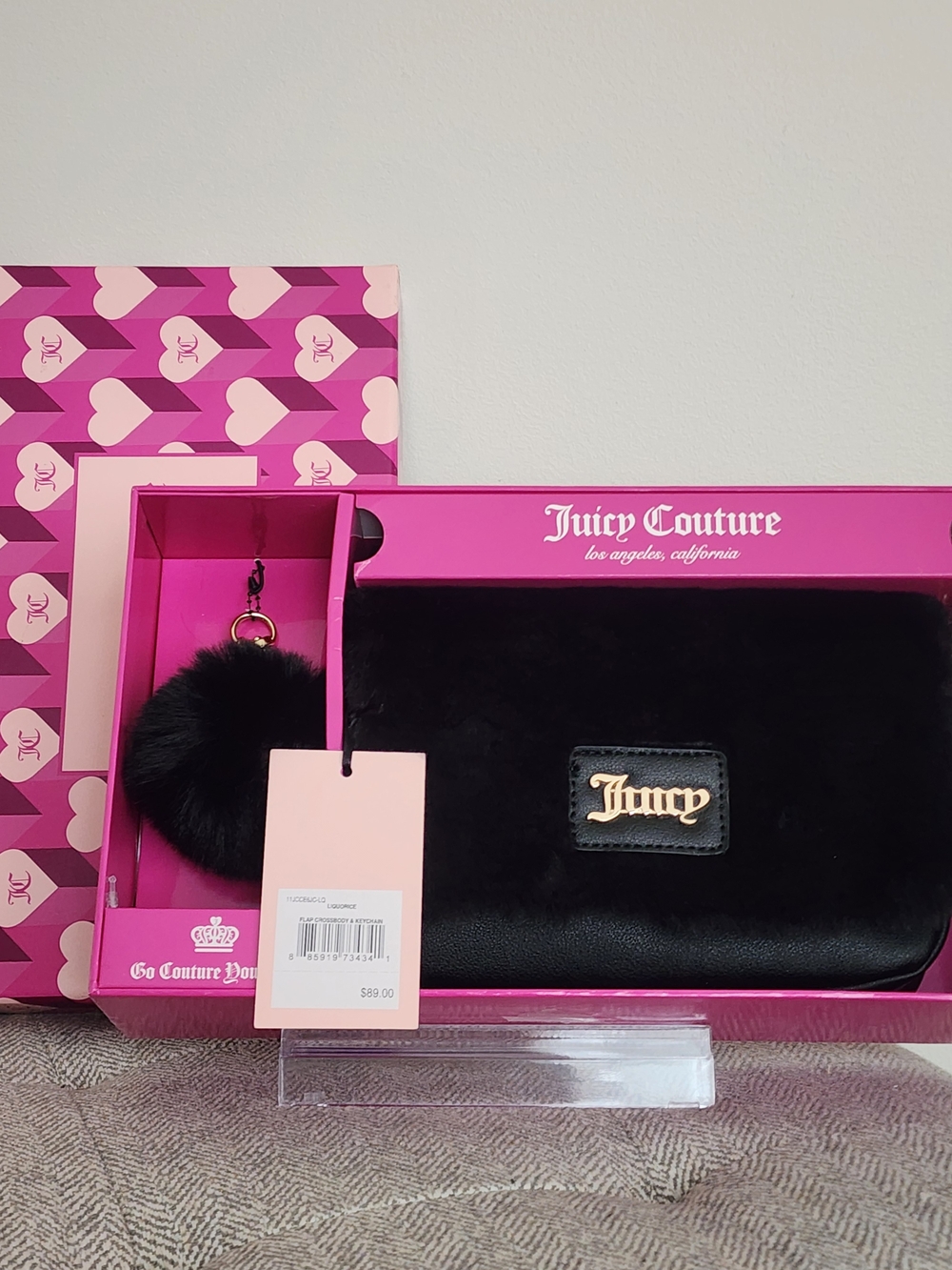 Juicy Couture Black Fluffy Clutch with Gold Logo and Black Fkuffy Pom
